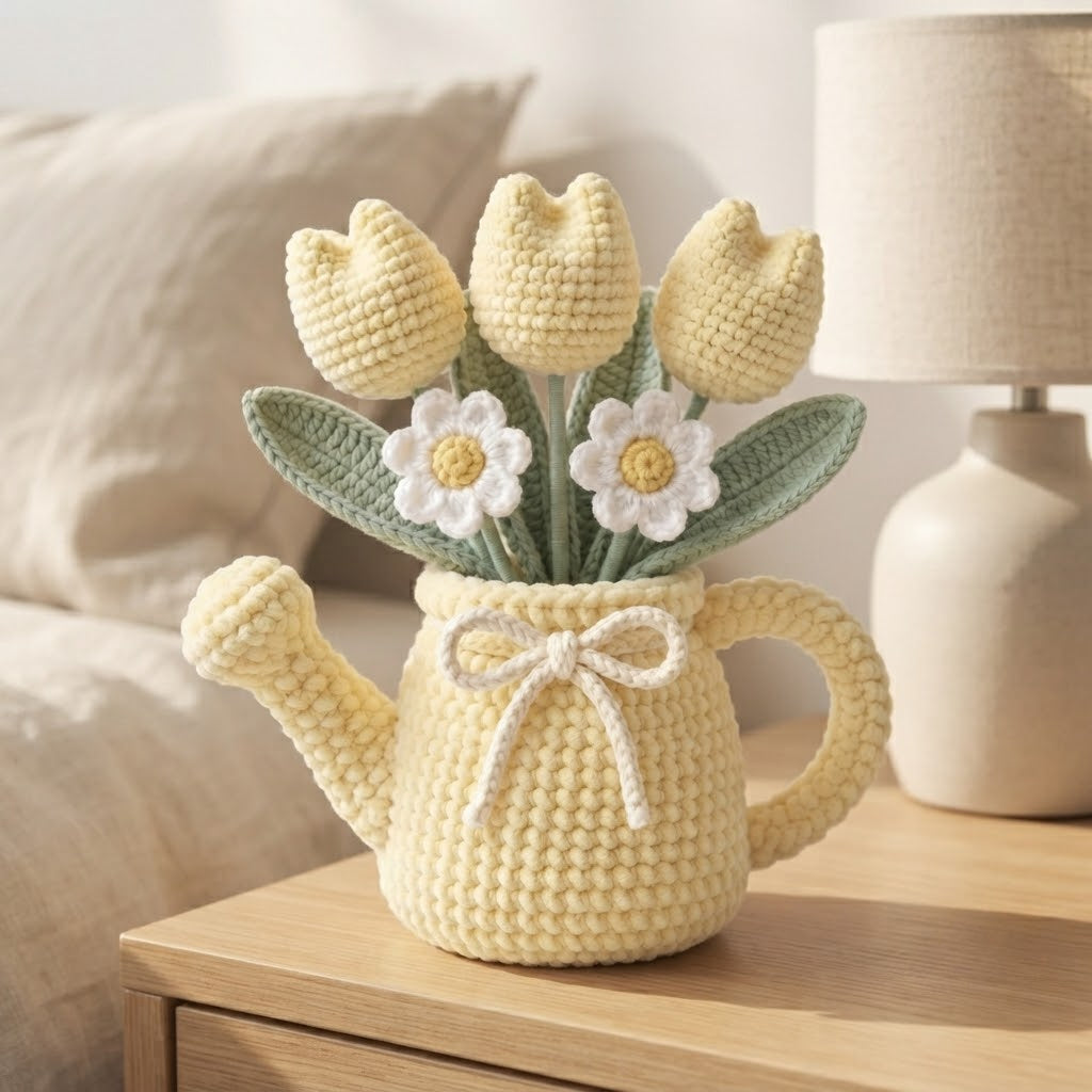 Handmade Yellow Watering Can Crochet Flowers – Tulip & Daisy Amigurumi Floral Decor