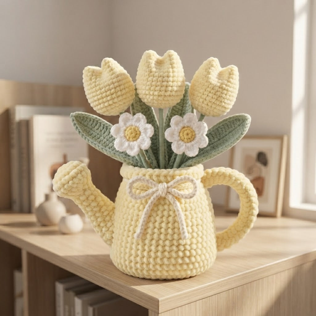 Handmade Yellow Watering Can Crochet Flowers – Tulip & Daisy Amigurumi Floral Decor