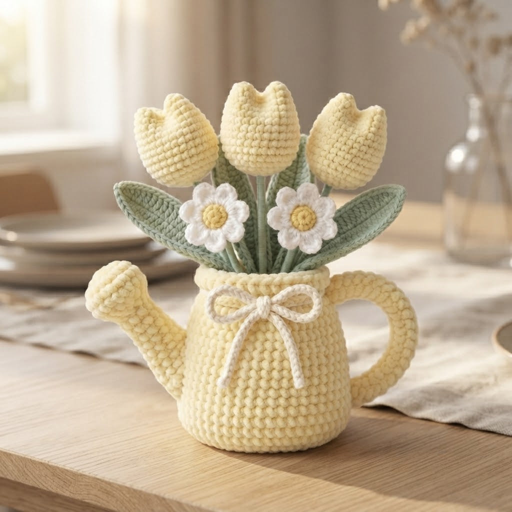 Handmade Yellow Watering Can Crochet Flowers – Tulip & Daisy Amigurumi Floral Decor