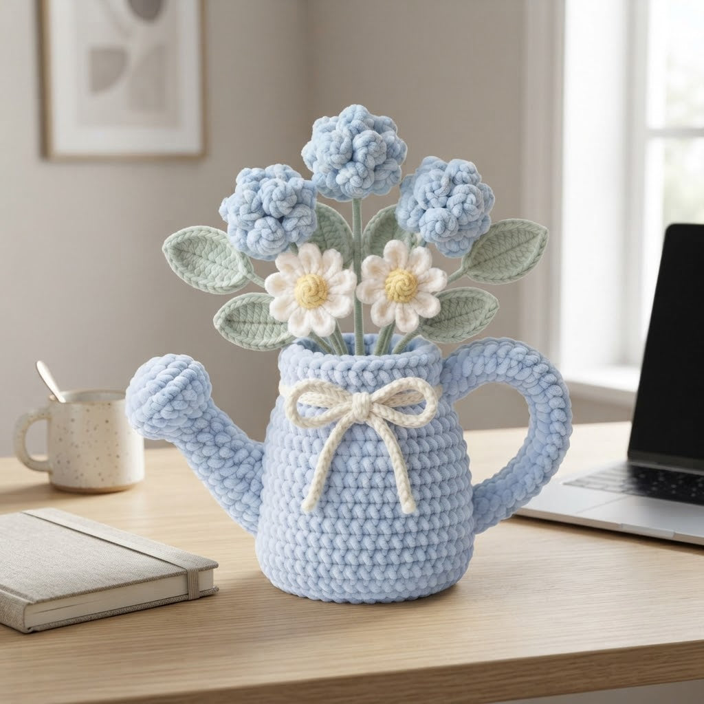 Handmade Blue Watering Can Crochet Flowers – Blue Hydrangea & Daisy Amigurumi Floral Decor