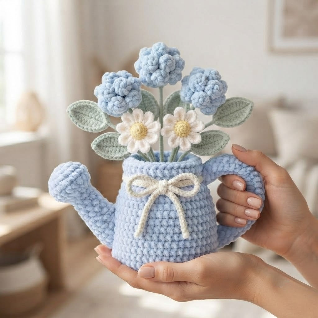 Handmade Blue Watering Can Crochet Flowers – Blue Hydrangea & Daisy Amigurumi Floral Decor