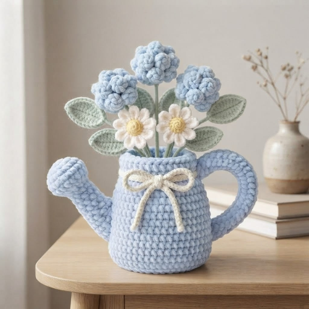 Handmade Blue Watering Can Crochet Flowers – Blue Hydrangea & Daisy Amigurumi Floral Decor