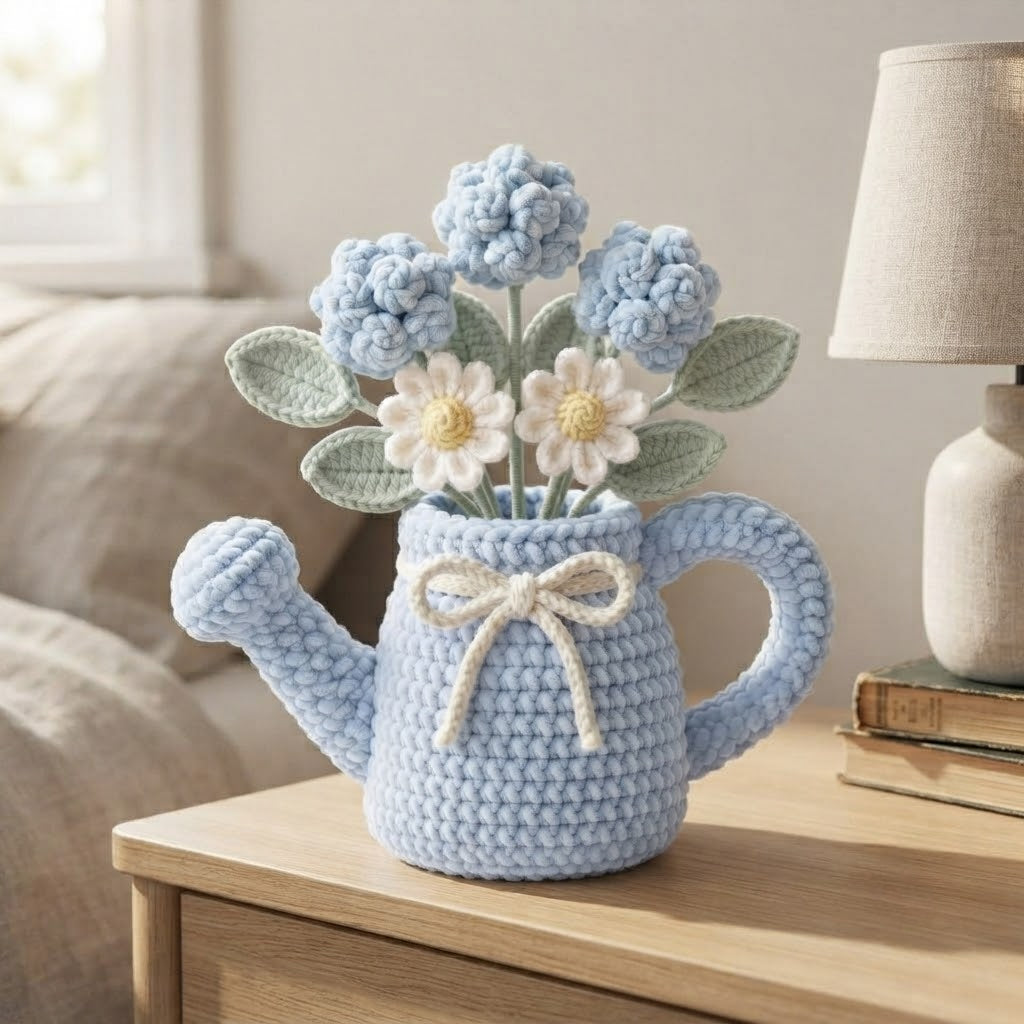 Handmade Blue Watering Can Crochet Flowers – Blue Hydrangea & Daisy Amigurumi Floral Decor