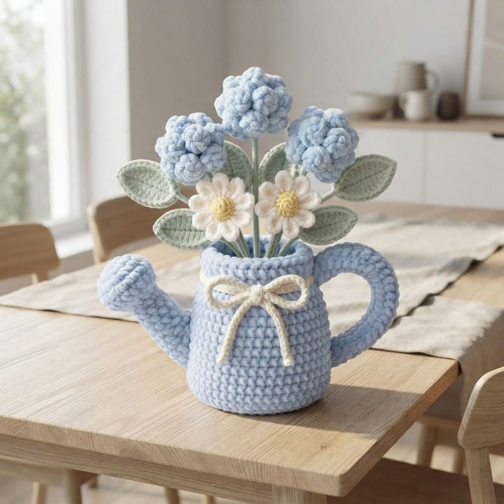 Handmade Blue Watering Can Crochet Flowers – Blue Hydrangea & Daisy Amigurumi Floral Decor