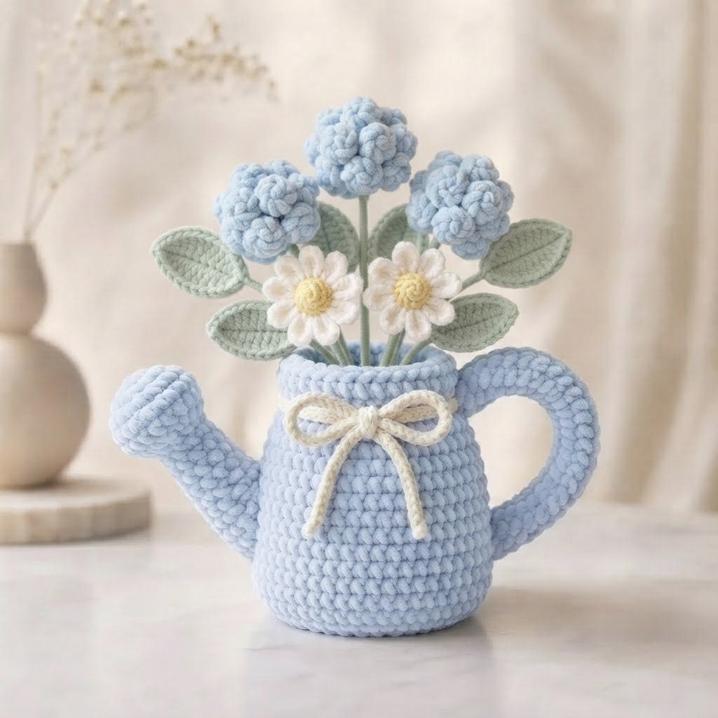 Handmade Blue Watering Can Crochet Flowers – Blue Hydrangea & Daisy Amigurumi Floral Decor