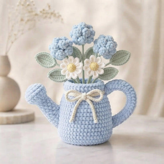 Handmade Blue Watering Can Crochet Flowers – Blue Hydrangea & Daisy Amigurumi Floral Decor