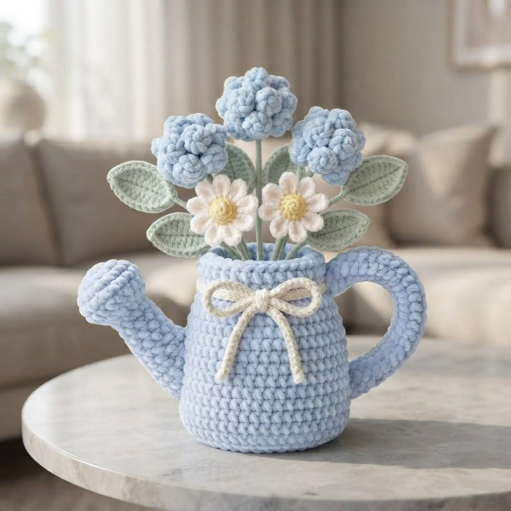 Handmade Blue Watering Can Crochet Flowers – Blue Hydrangea & Daisy Amigurumi Floral Decor