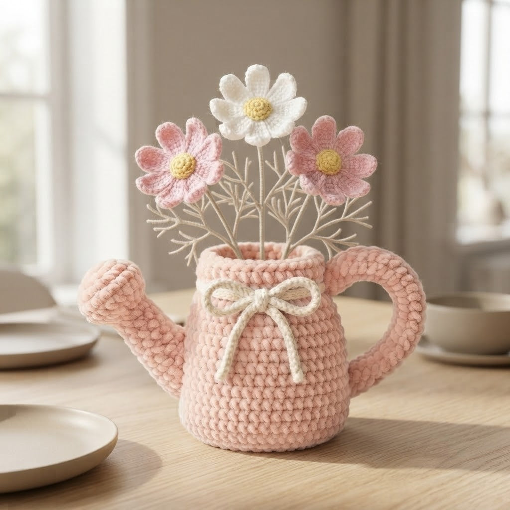 Handmade Pink Watering Can Crochet Flowers – Daisy Amigurumi Floral Decor