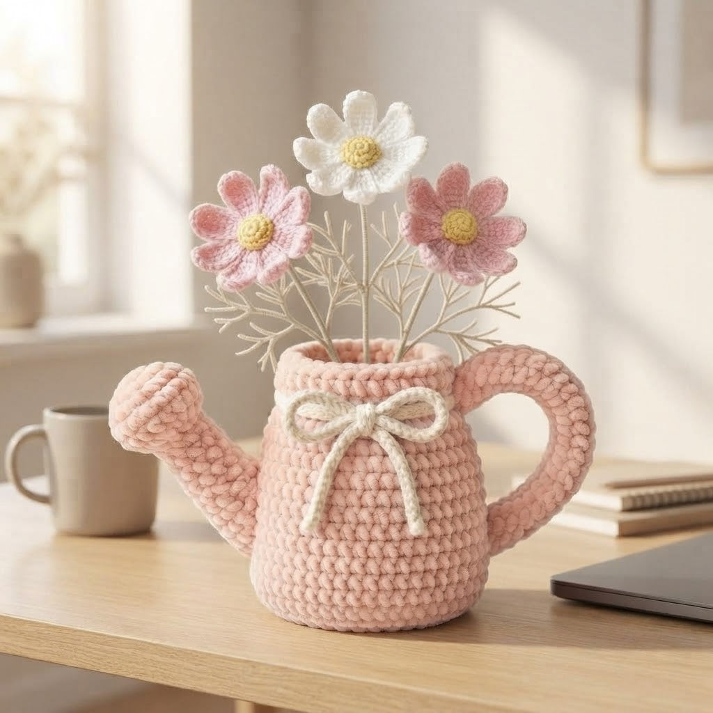 Handmade Pink Watering Can Crochet Flowers – Daisy Amigurumi Floral Decor