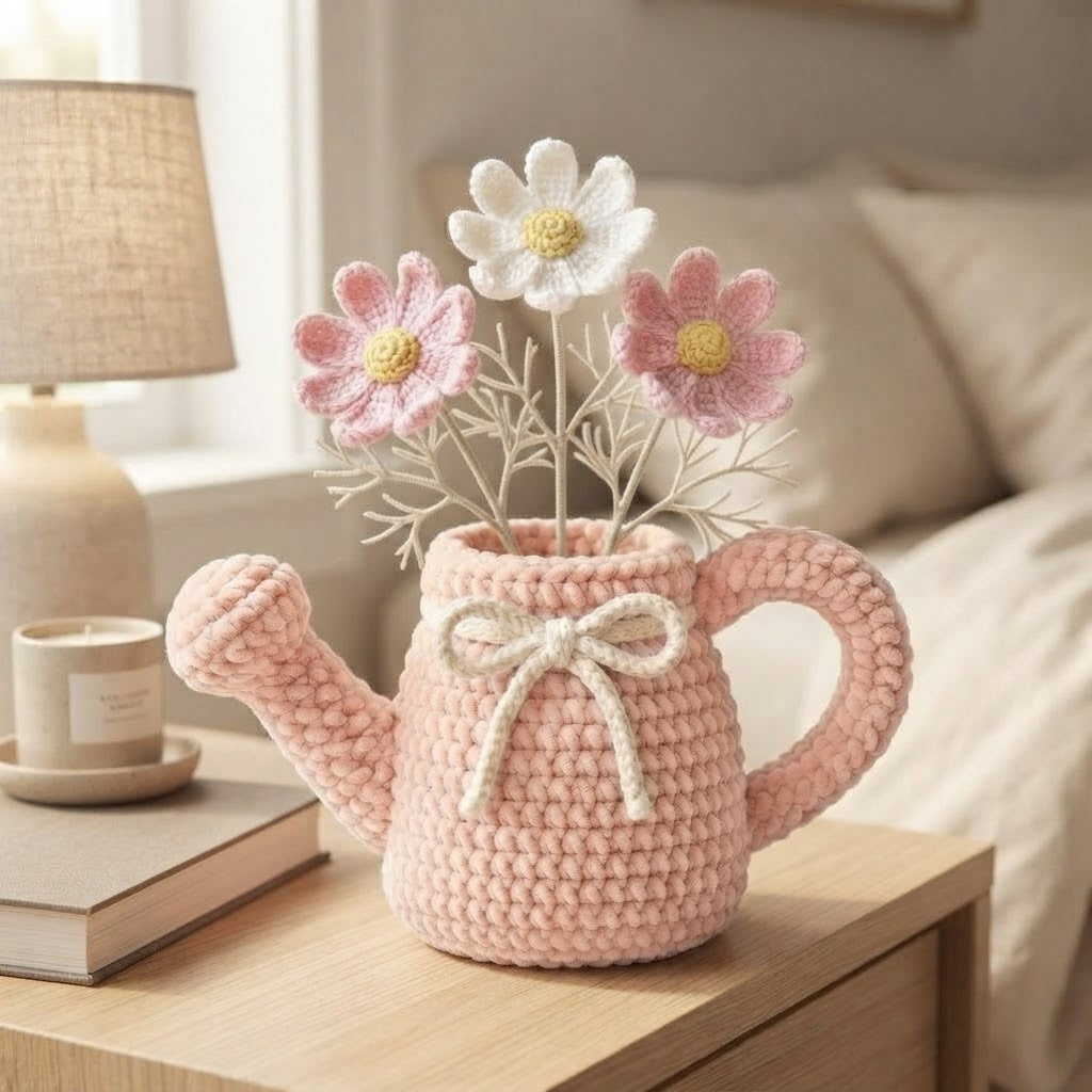 Handmade Pink Watering Can Crochet Flowers – Daisy Amigurumi Floral Decor