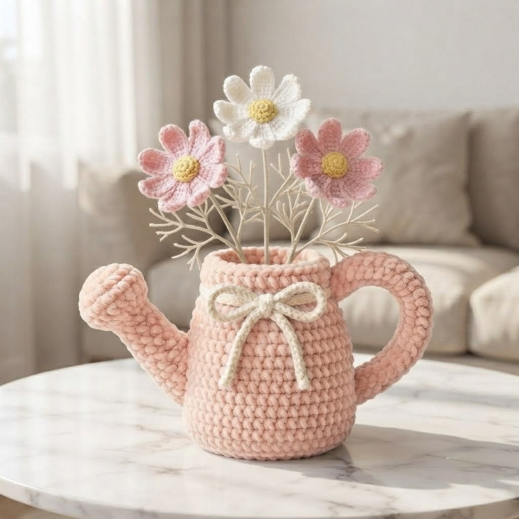 Handmade Pink Watering Can Crochet Flowers – Daisy Amigurumi Floral Decor