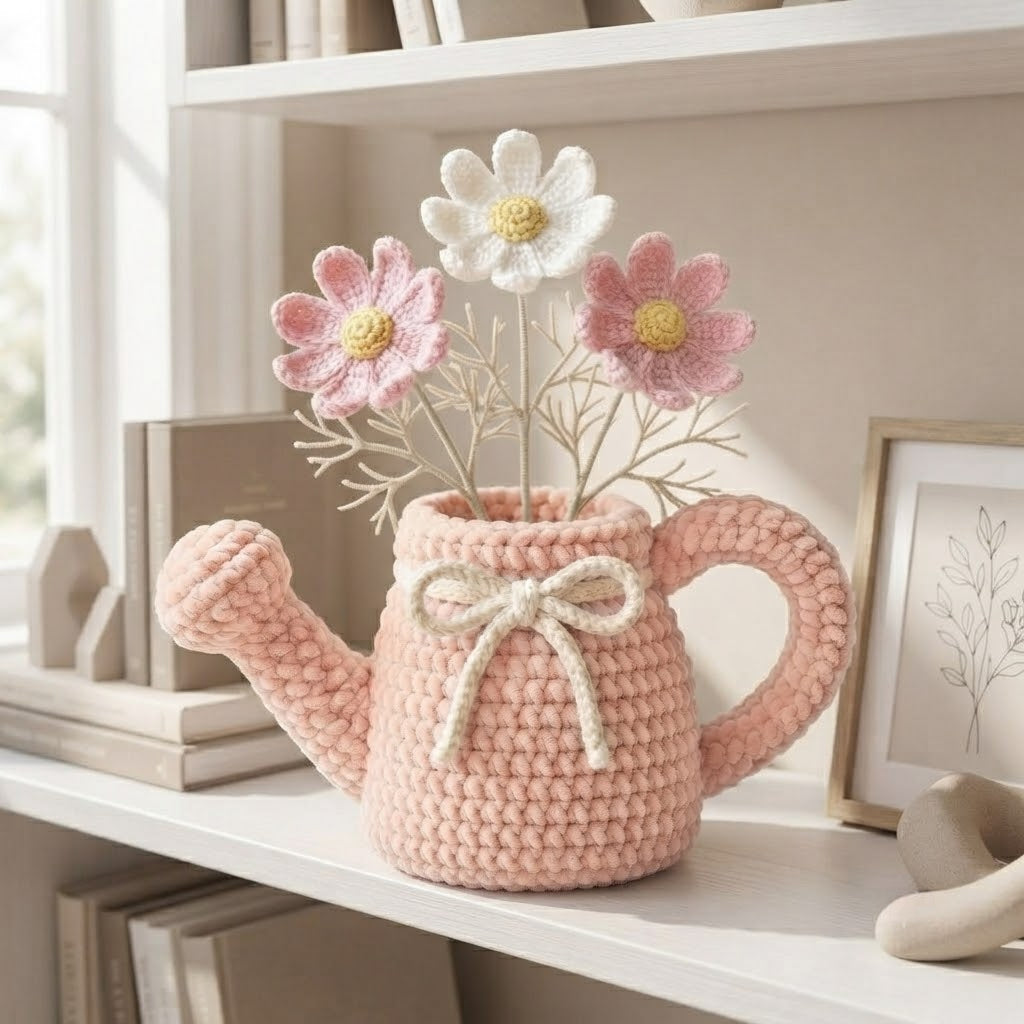 Handmade Pink Watering Can Crochet Flowers – Daisy Amigurumi Floral Decor