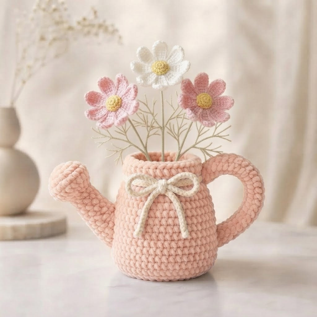 Handmade Pink Watering Can Crochet Flowers – Daisy Amigurumi Floral Decor