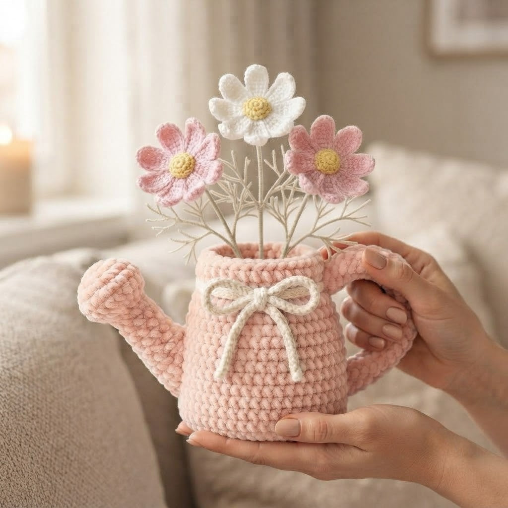 Handmade Pink Watering Can Crochet Flowers – Daisy Amigurumi Floral Decor