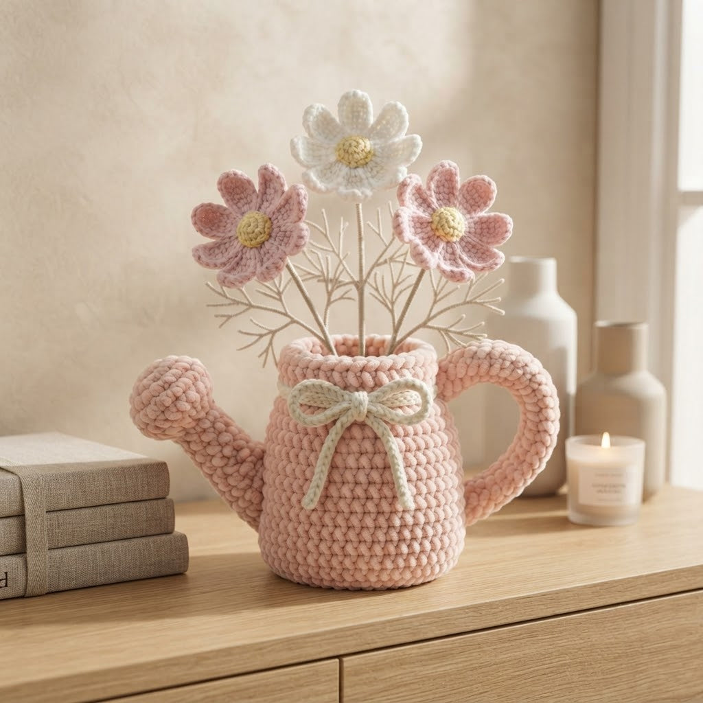 Handmade Pink Watering Can Crochet Flowers – Daisy Amigurumi Floral Decor