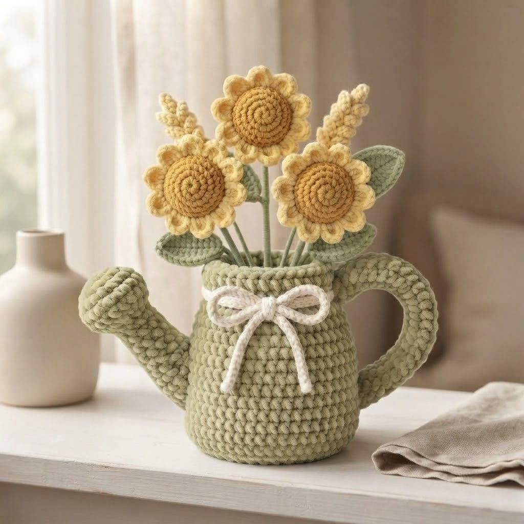 Handmade Sage Green Watering Can Crochet Sunflowers – Amigurumi Floral Decor, Rustic Farmhouse Gift