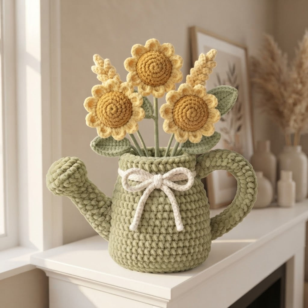 Handmade Sage Green Watering Can Crochet Sunflowers – Amigurumi Floral Decor, Rustic Farmhouse Gift