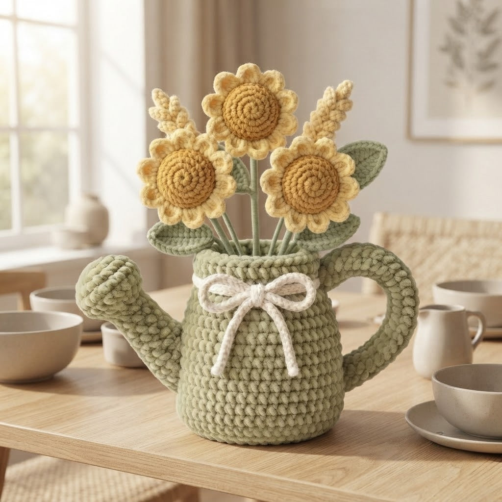 Handmade Sage Green Watering Can Crochet Sunflowers – Amigurumi Floral Decor, Rustic Farmhouse Gift