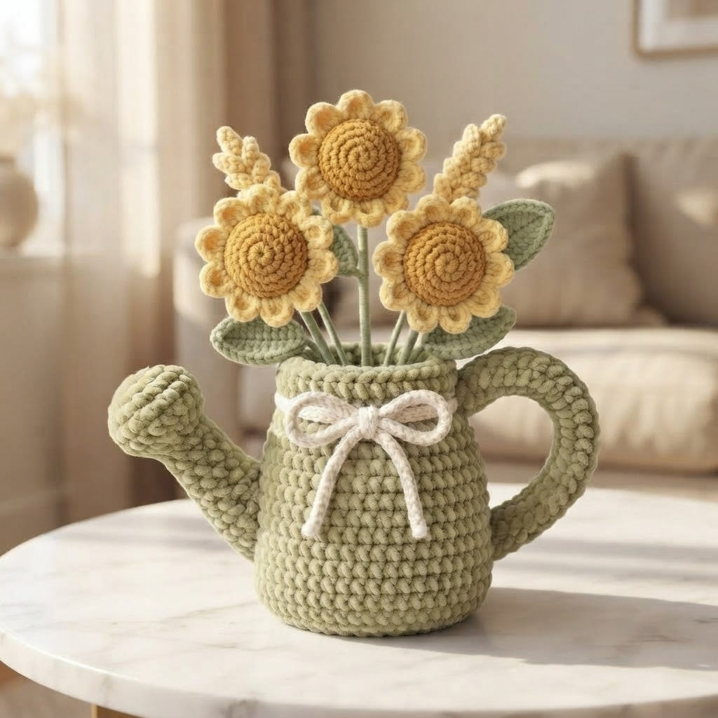 Handmade Sage Green Watering Can Crochet Sunflowers – Amigurumi Floral Decor, Rustic Farmhouse Gift