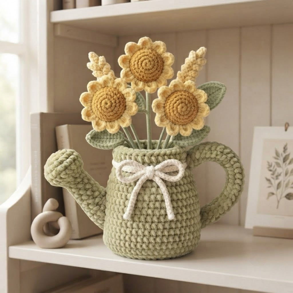 Handmade Sage Green Watering Can Crochet Sunflowers – Amigurumi Floral Decor, Rustic Farmhouse Gift