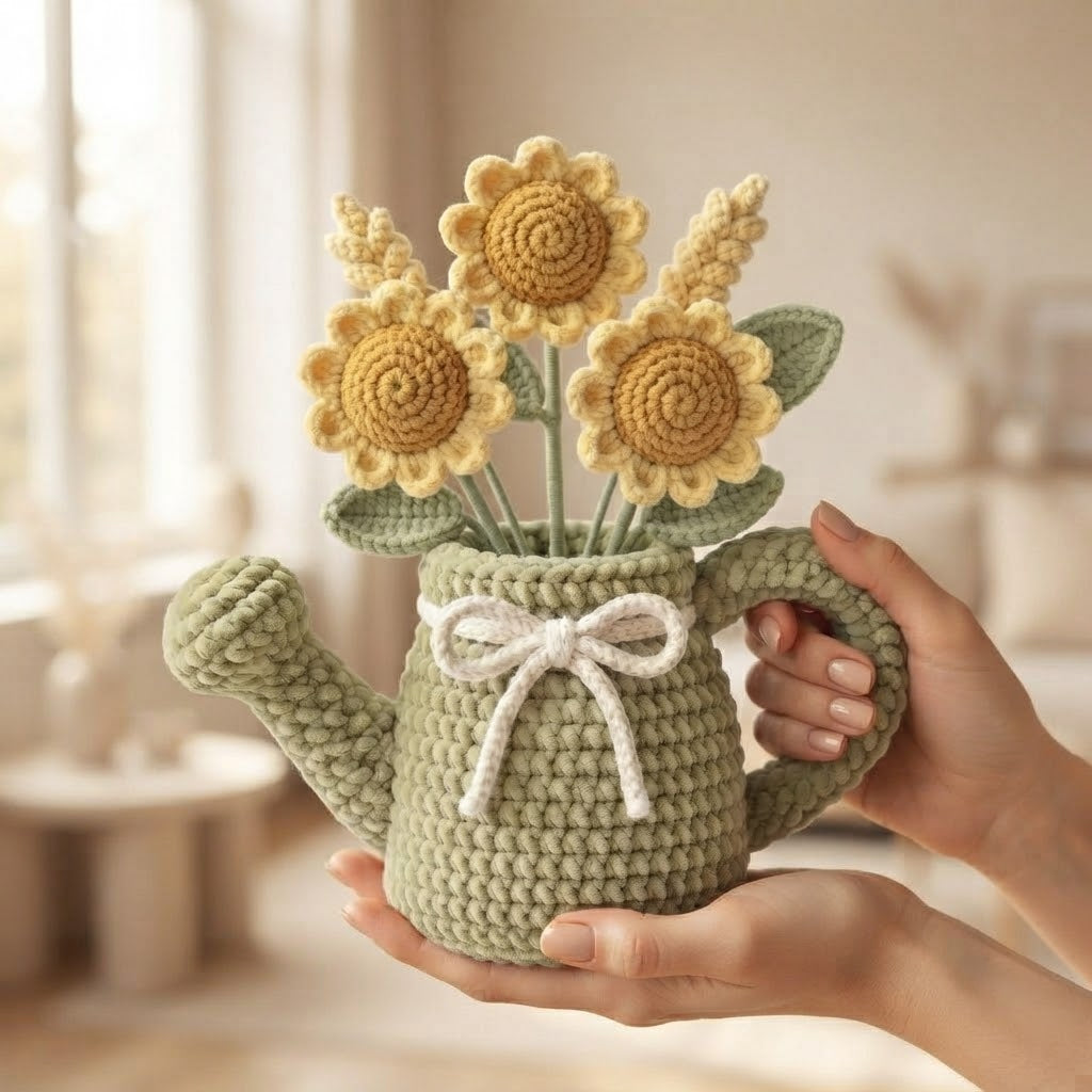 Handmade Sage Green Watering Can Crochet Sunflowers – Amigurumi Floral Decor, Rustic Farmhouse Gift