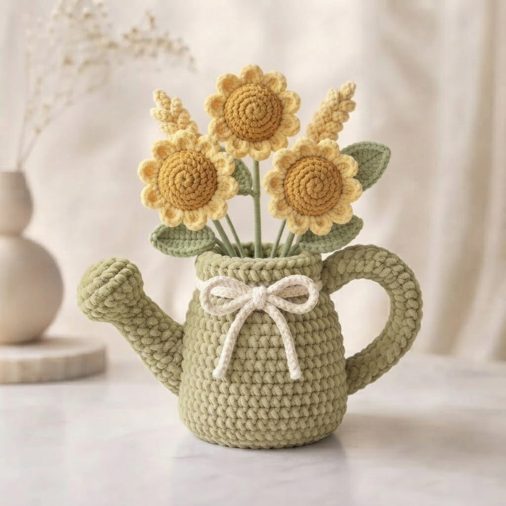 Handmade Sage Green Watering Can Crochet Sunflowers – Amigurumi Floral Decor, Rustic Farmhouse Gift