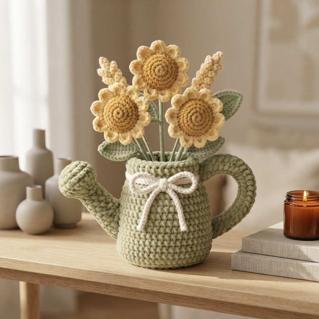 Handmade Sage Green Watering Can Crochet Sunflowers – Amigurumi Floral Decor, Rustic Farmhouse Gift