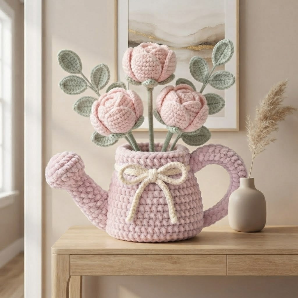 Handmade Pink Watering Can Crochet Peonies – Amigurumi Flower Arrangement