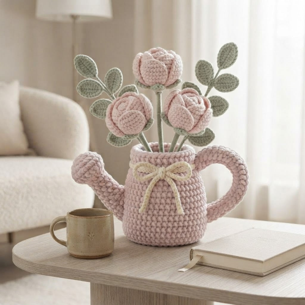 Handmade Pink Watering Can Crochet Peonies – Amigurumi Flower Arrangement