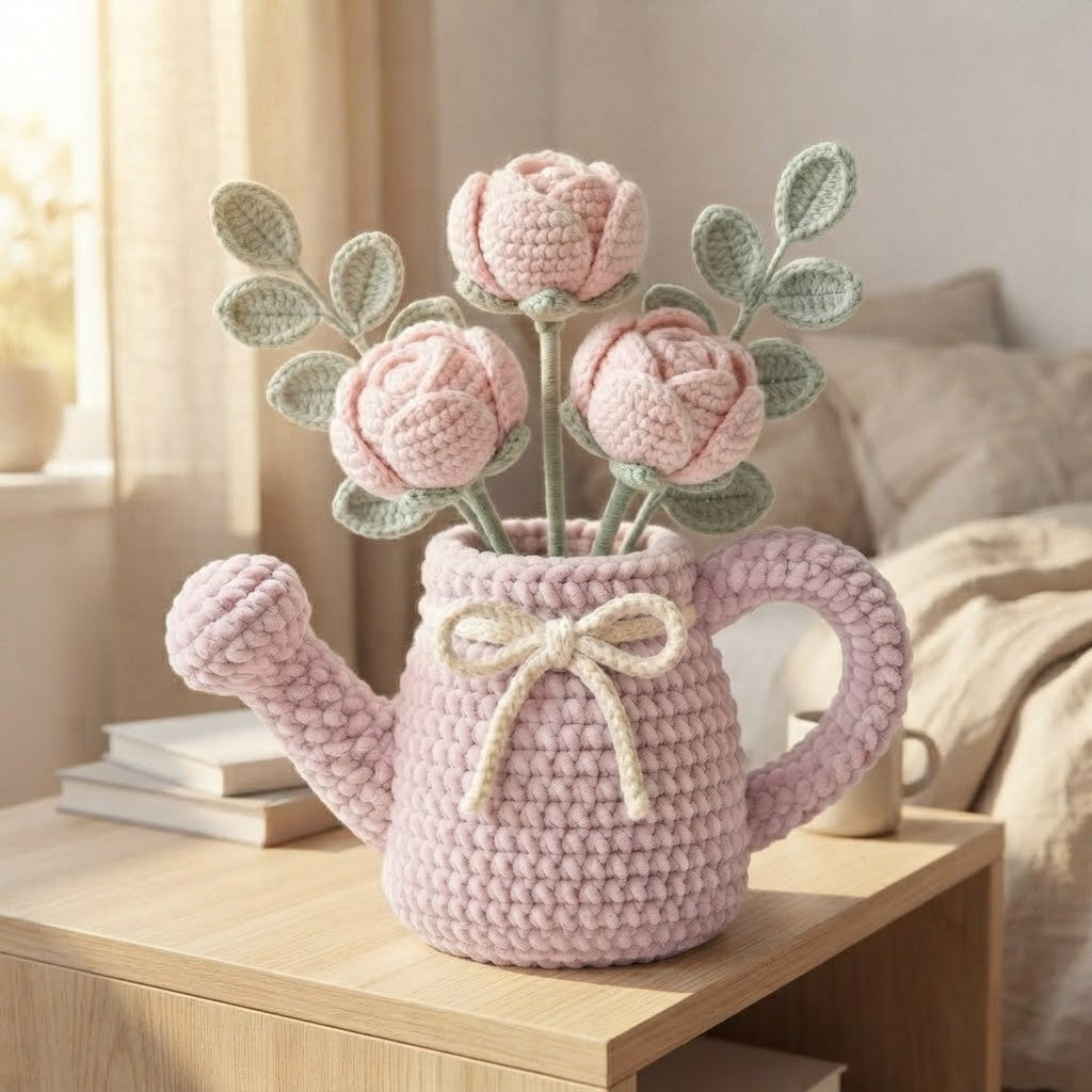 Handmade Pink Watering Can Crochet Peonies – Amigurumi Flower Arrangement