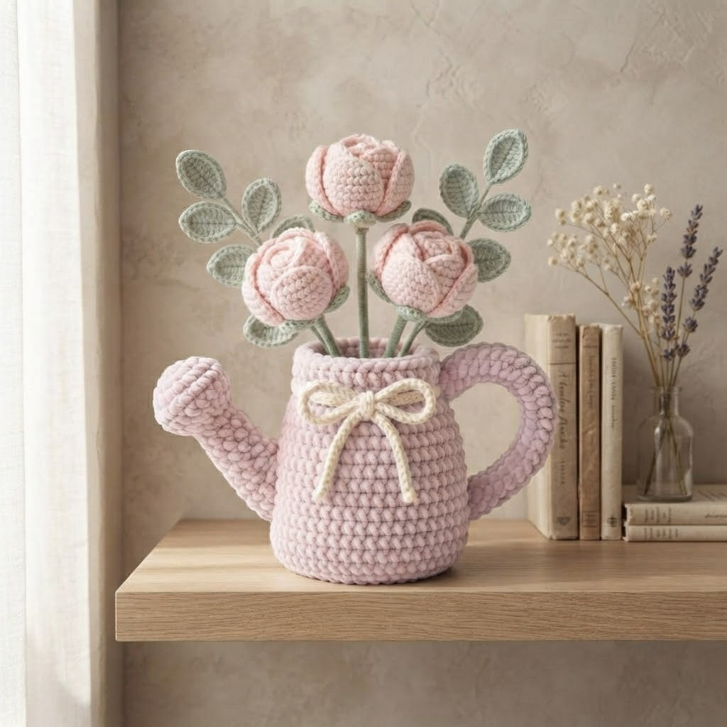 Handmade Pink Watering Can Crochet Peonies – Amigurumi Flower Arrangement
