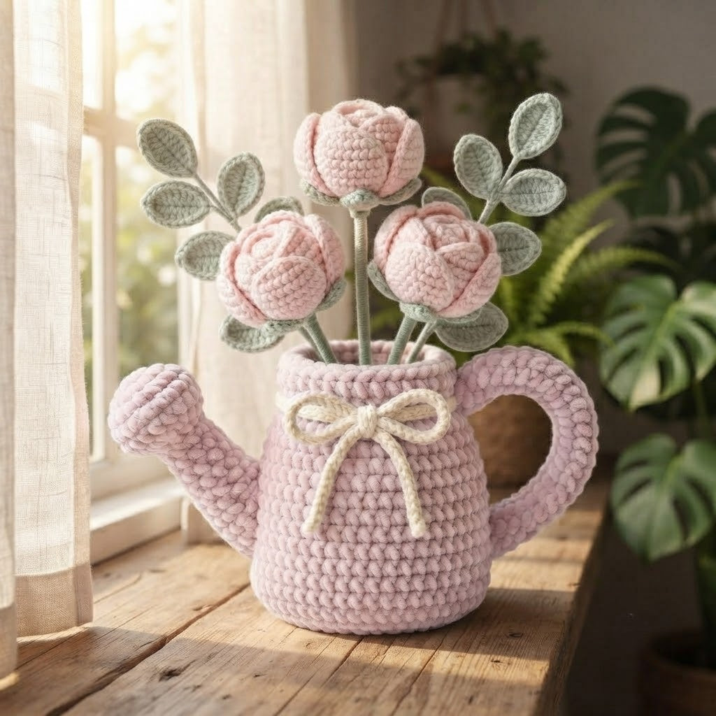 Handmade Pink Watering Can Crochet Peonies – Amigurumi Flower Arrangement