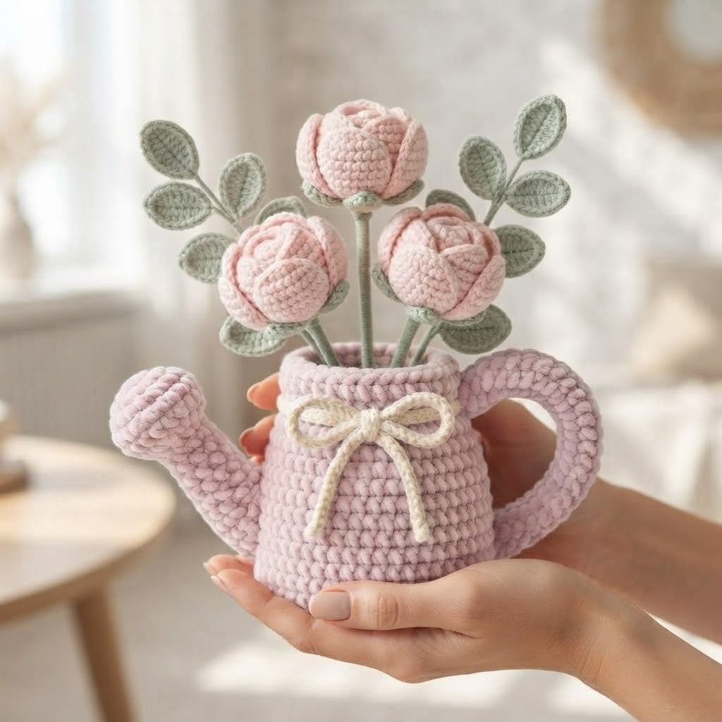 Handmade Pink Watering Can Crochet Peonies – Amigurumi Flower Arrangement
