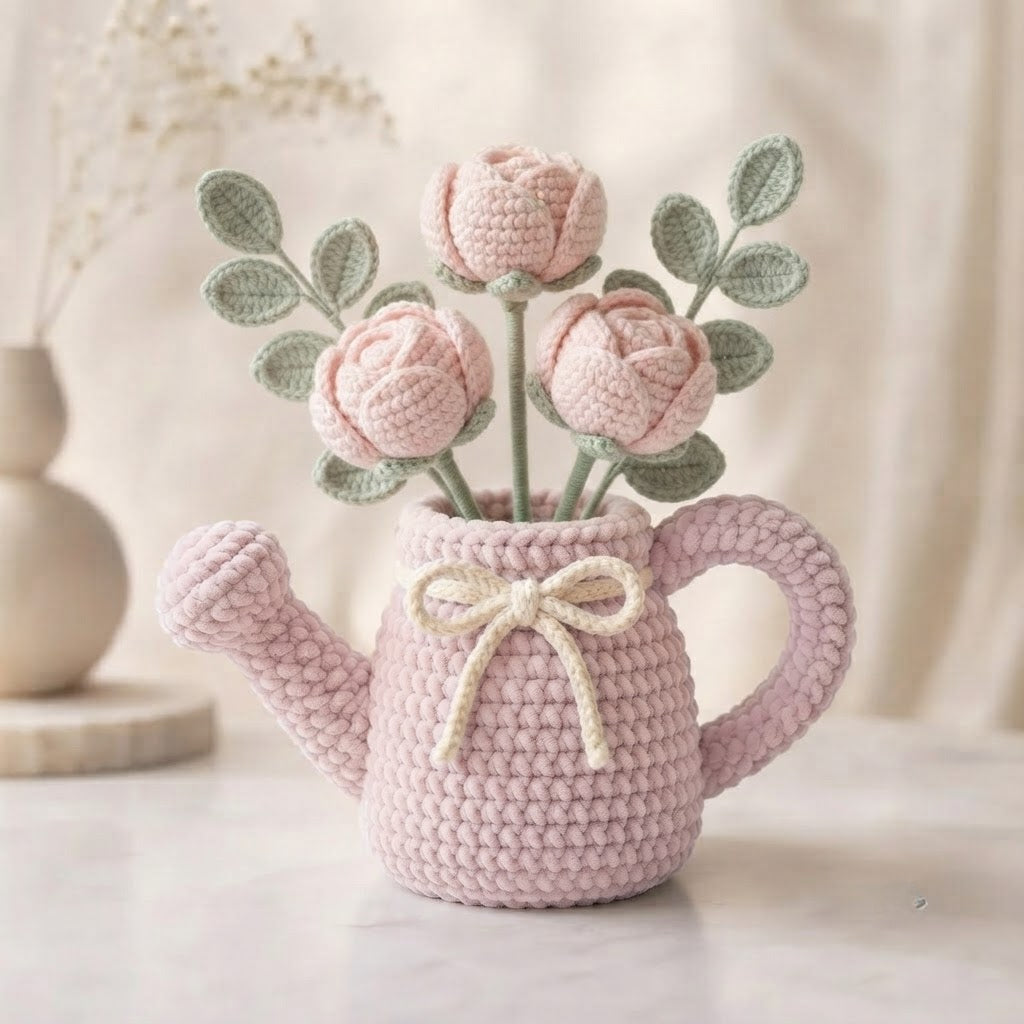 Handmade Pink Watering Can Crochet Peonies – Amigurumi Flower Arrangement