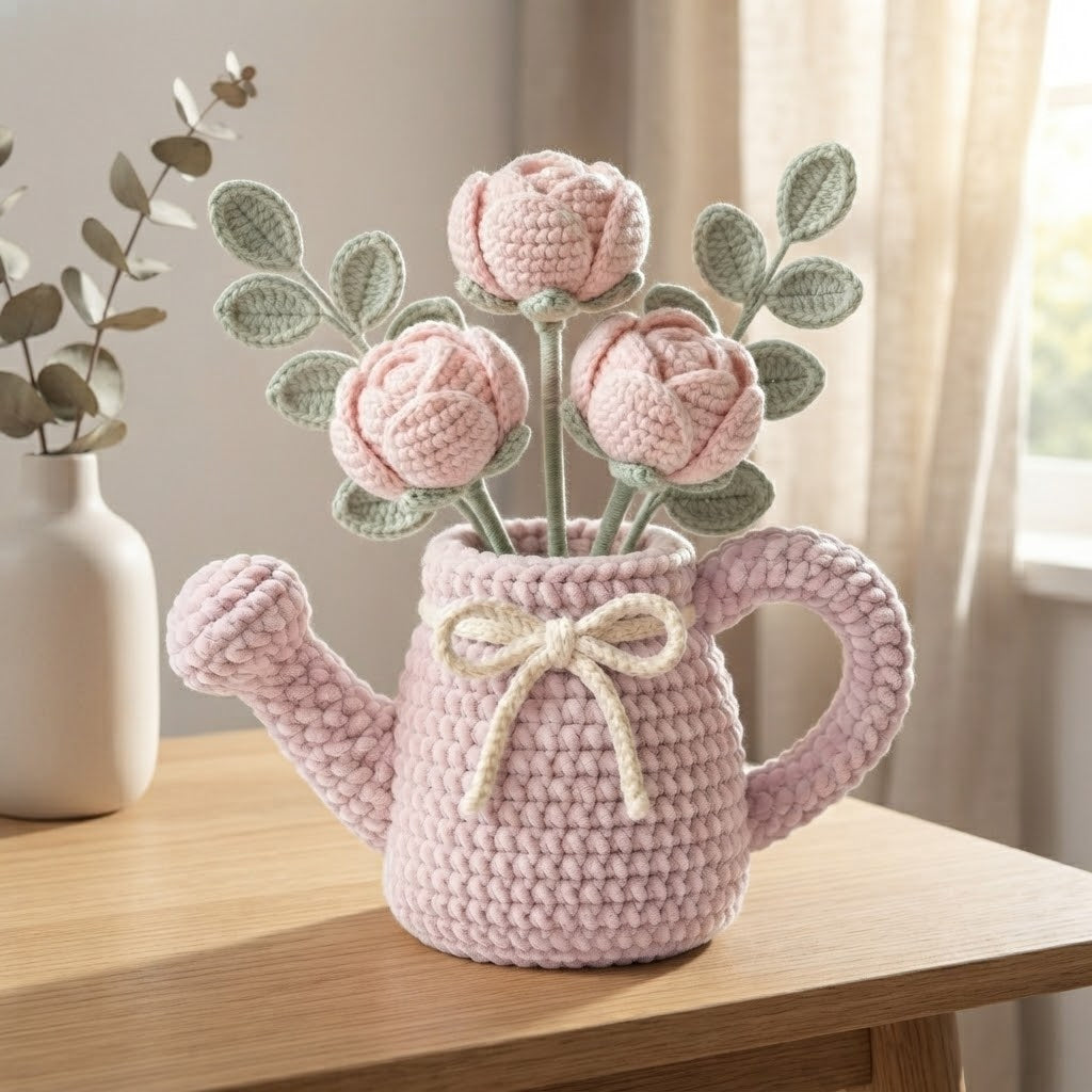 Handmade Pink Watering Can Crochet Peonies – Amigurumi Flower Arrangement
