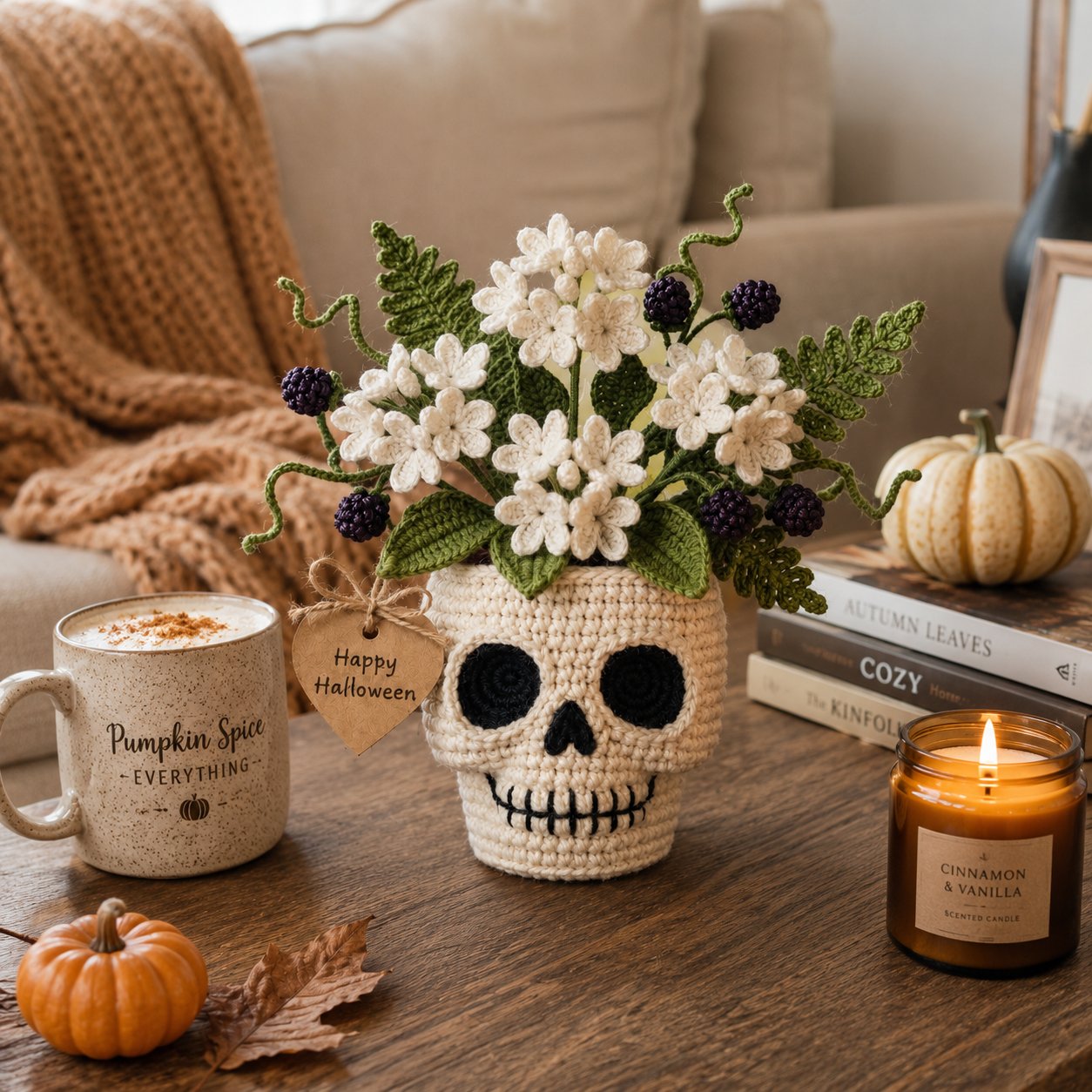 Handmade Crochet Skull Flower Pot – Halloween Crochet Decor