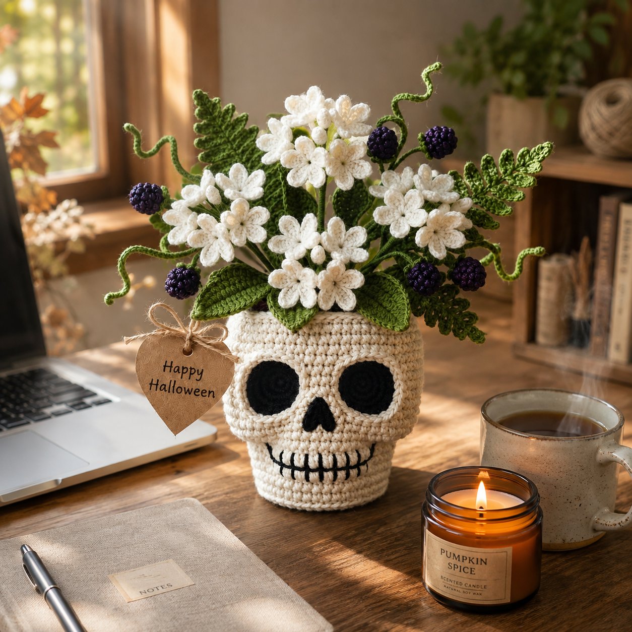 Handmade Crochet Skull Flower Pot – Halloween Crochet Decor