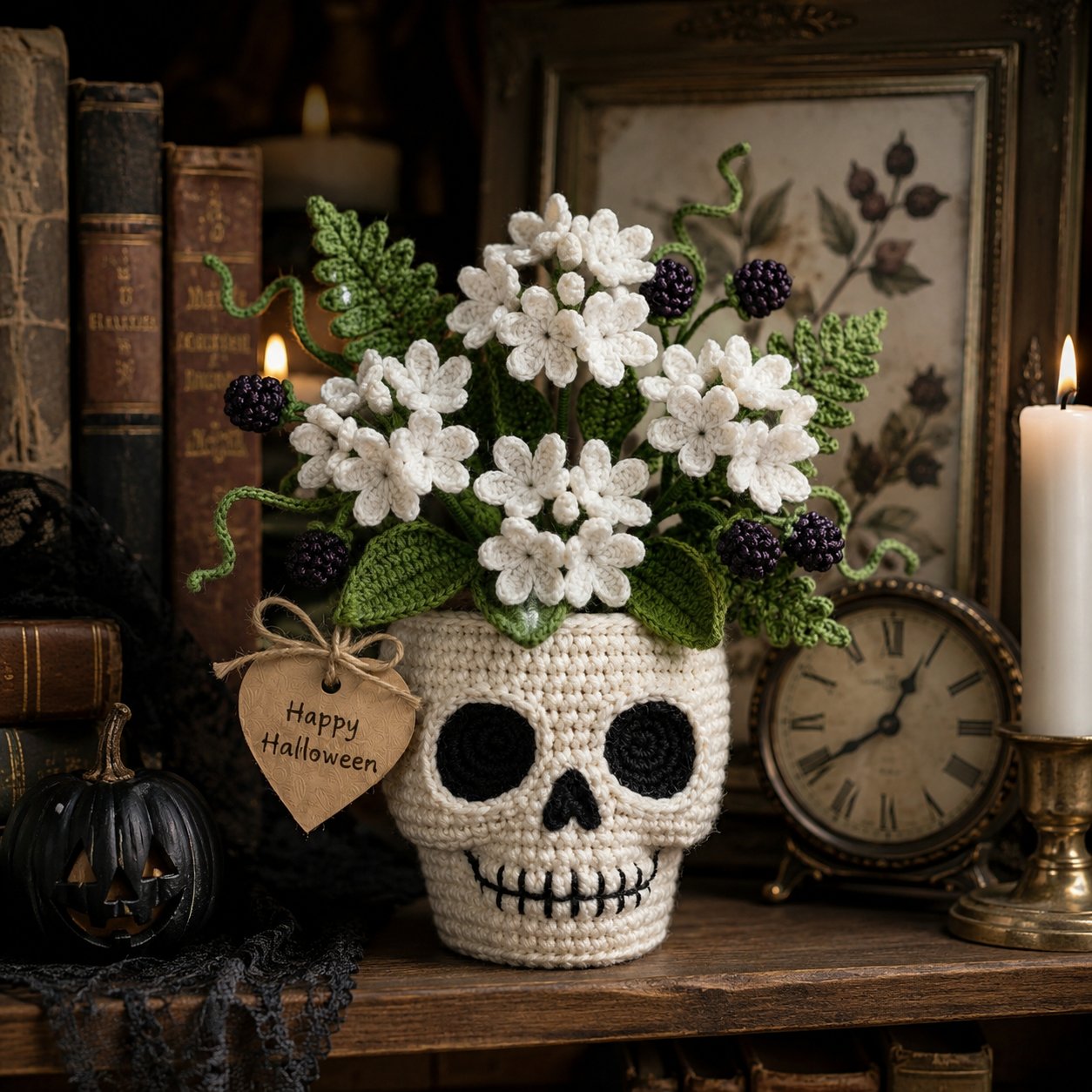 Handmade Crochet Skull Flower Pot – Halloween Crochet Decor