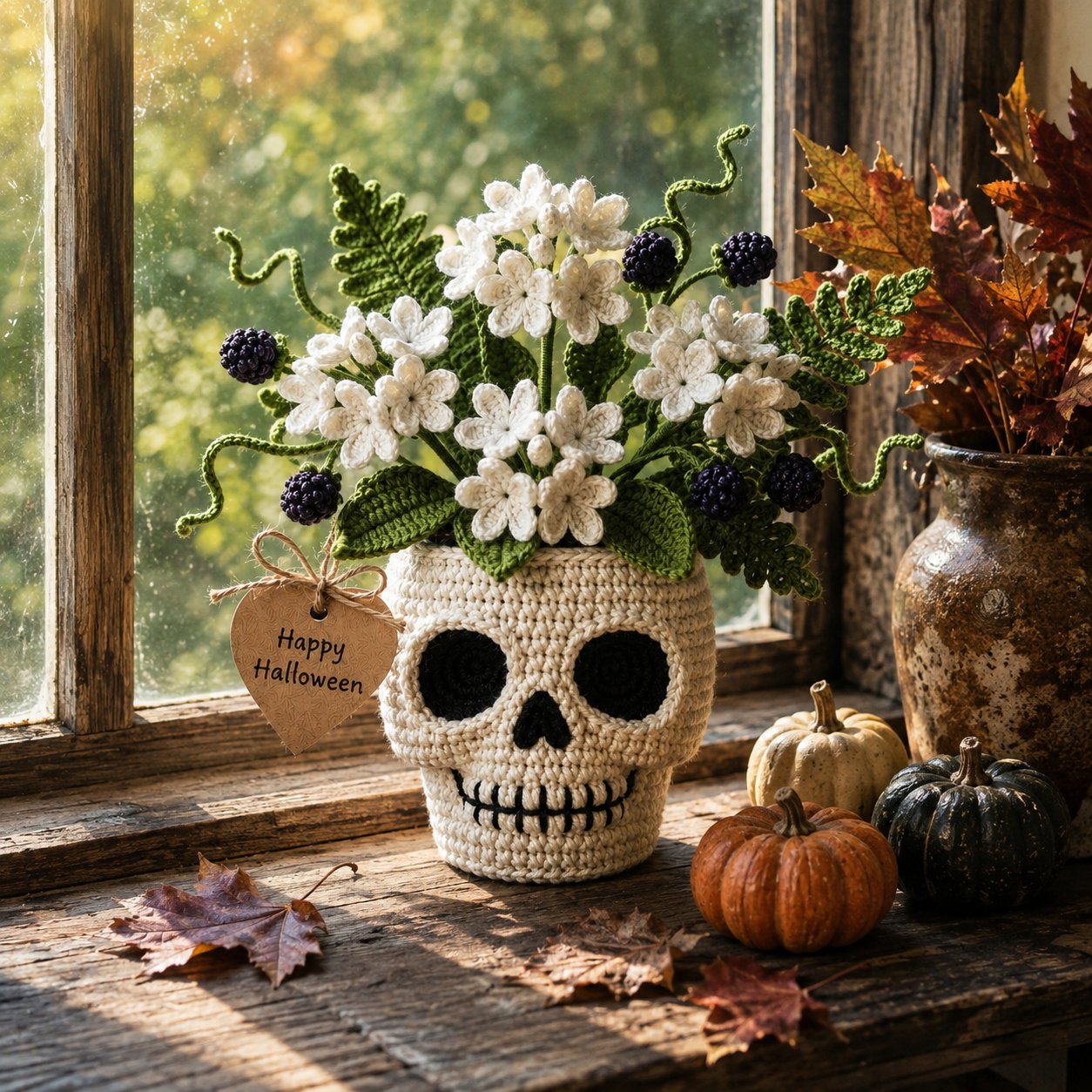 Handmade Crochet Skull Flower Pot – Halloween Crochet Decor