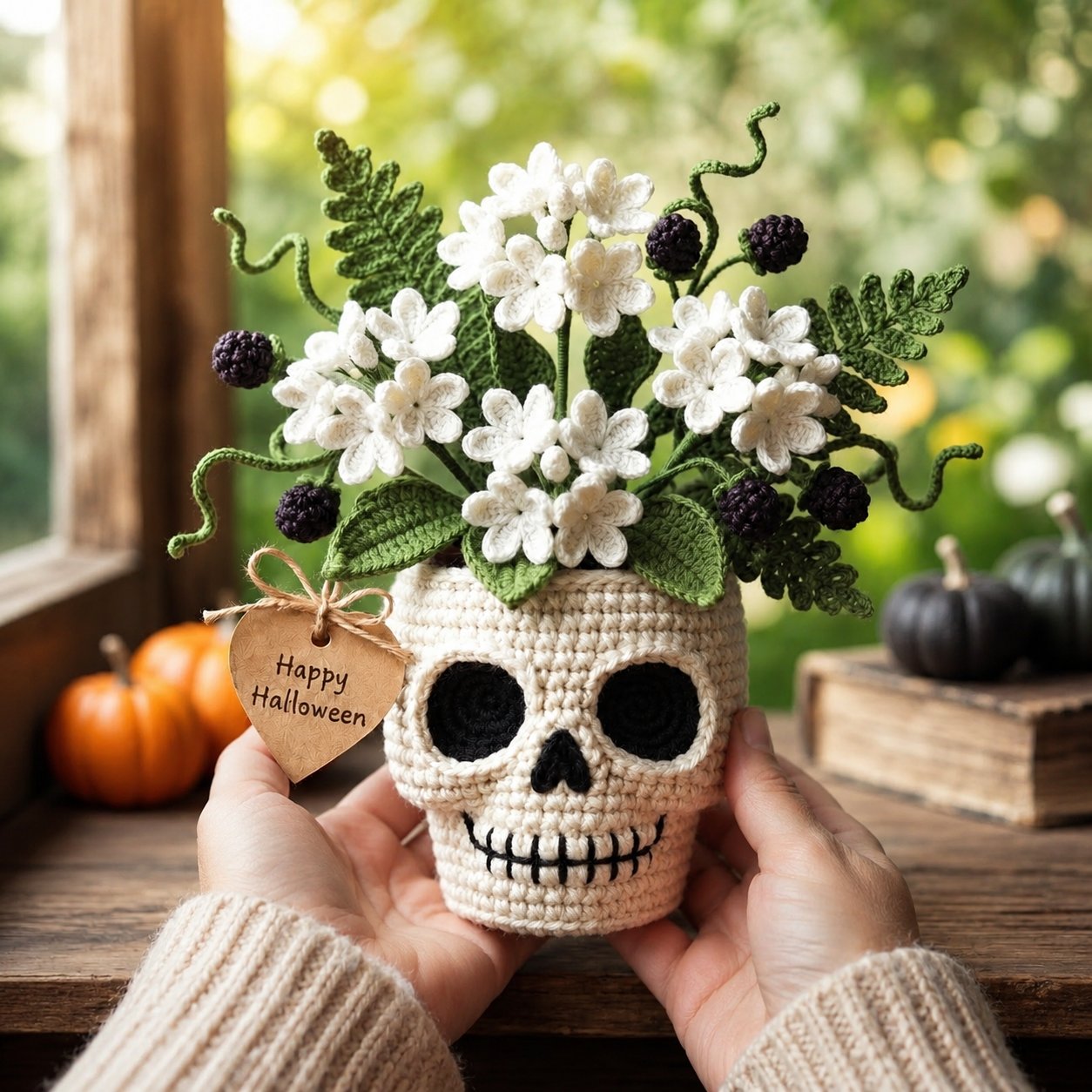 Handmade Crochet Skull Flower Pot – Halloween Crochet Decor
