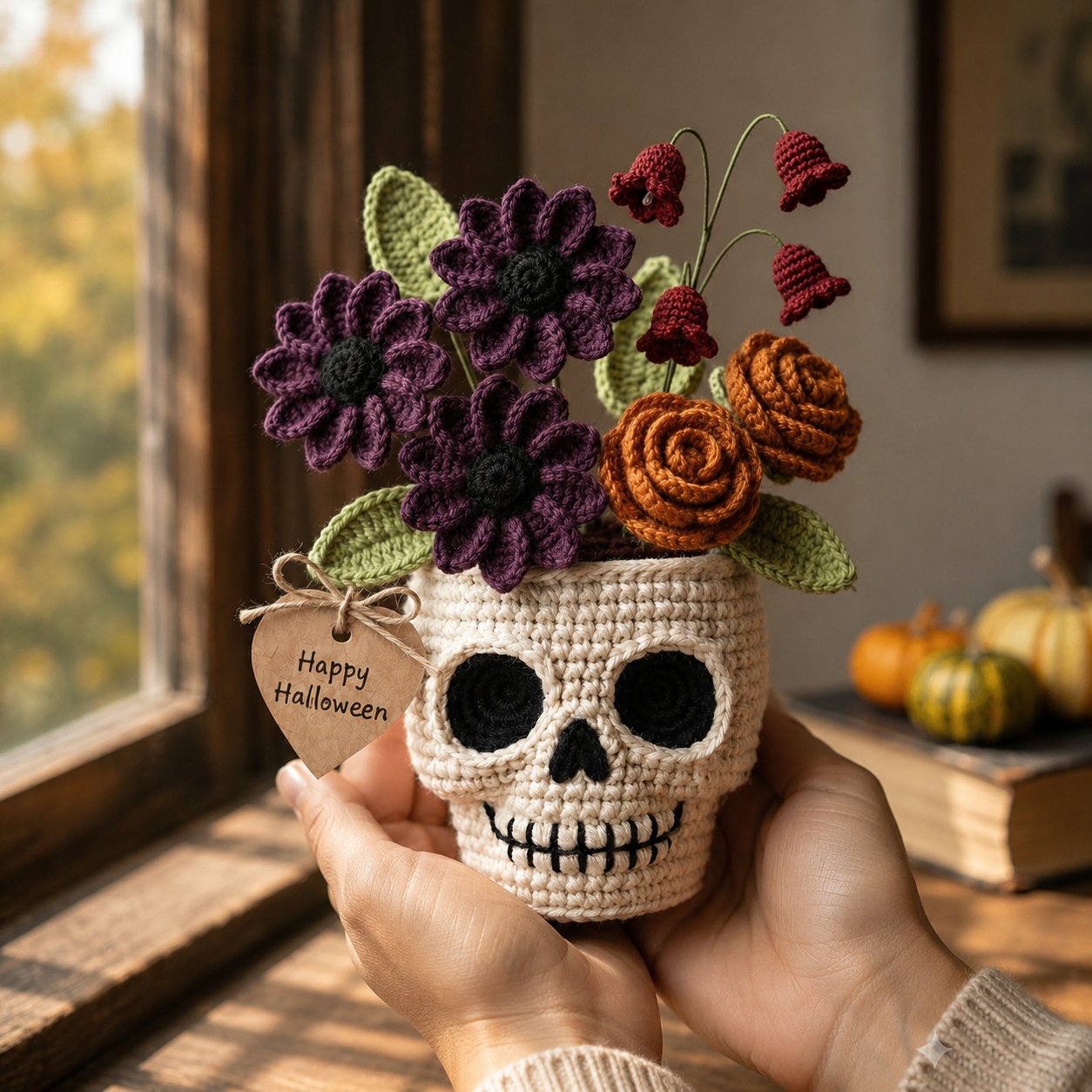 Handmade Crochet Skull Flower Pot – Gothic Halloween Floral Decor & Gift