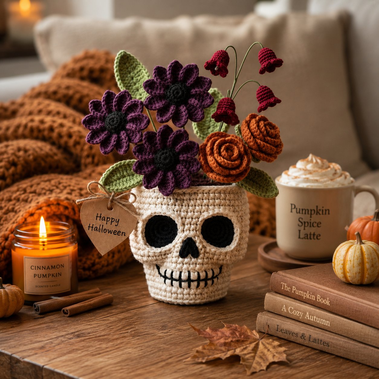 Handmade Crochet Skull Flower Pot – Gothic Halloween Floral Decor & Gift