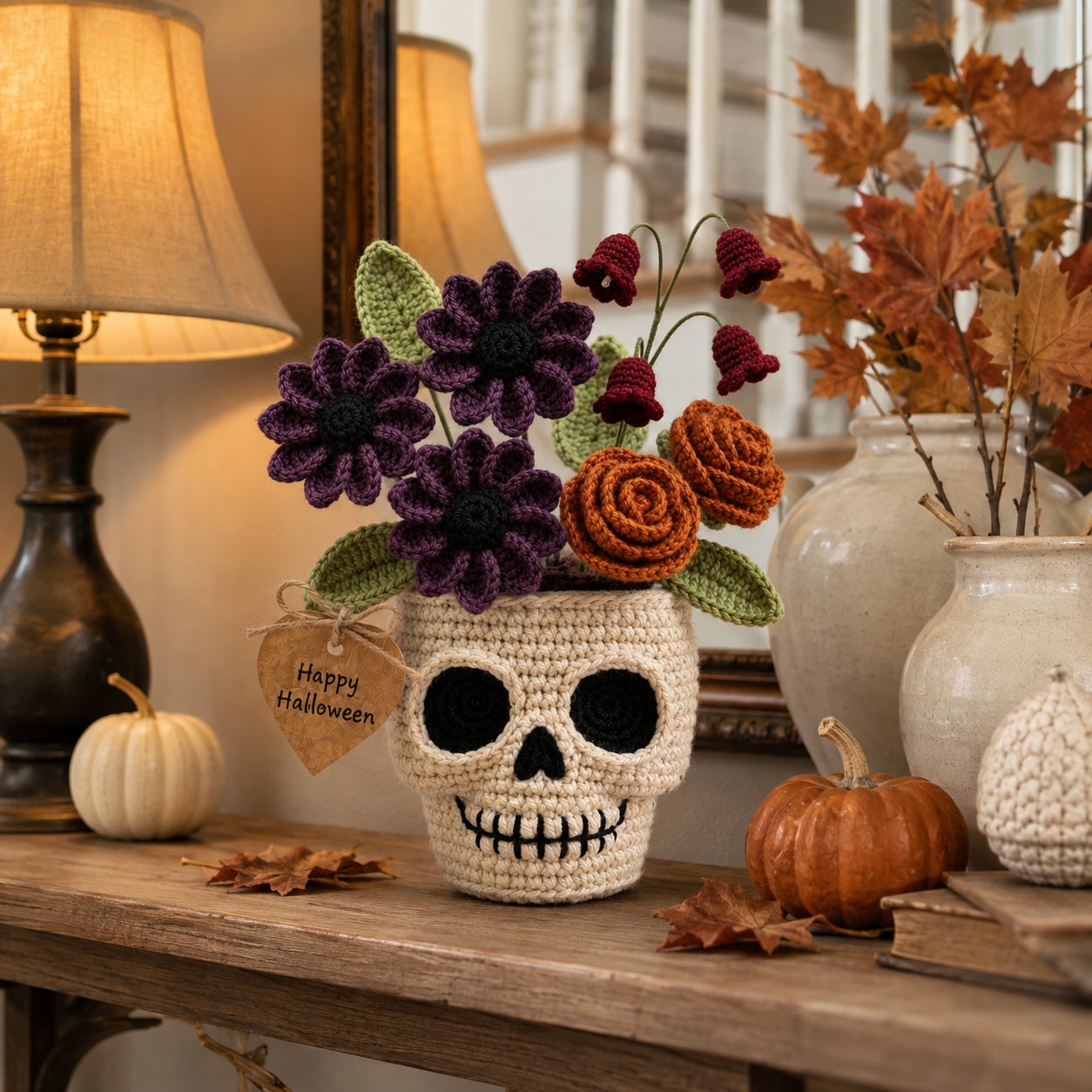 Handmade Crochet Skull Flower Pot – Gothic Halloween Floral Decor & Gift