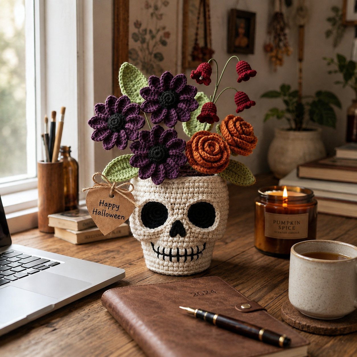 Handmade Crochet Skull Flower Pot – Gothic Halloween Floral Decor & Gift