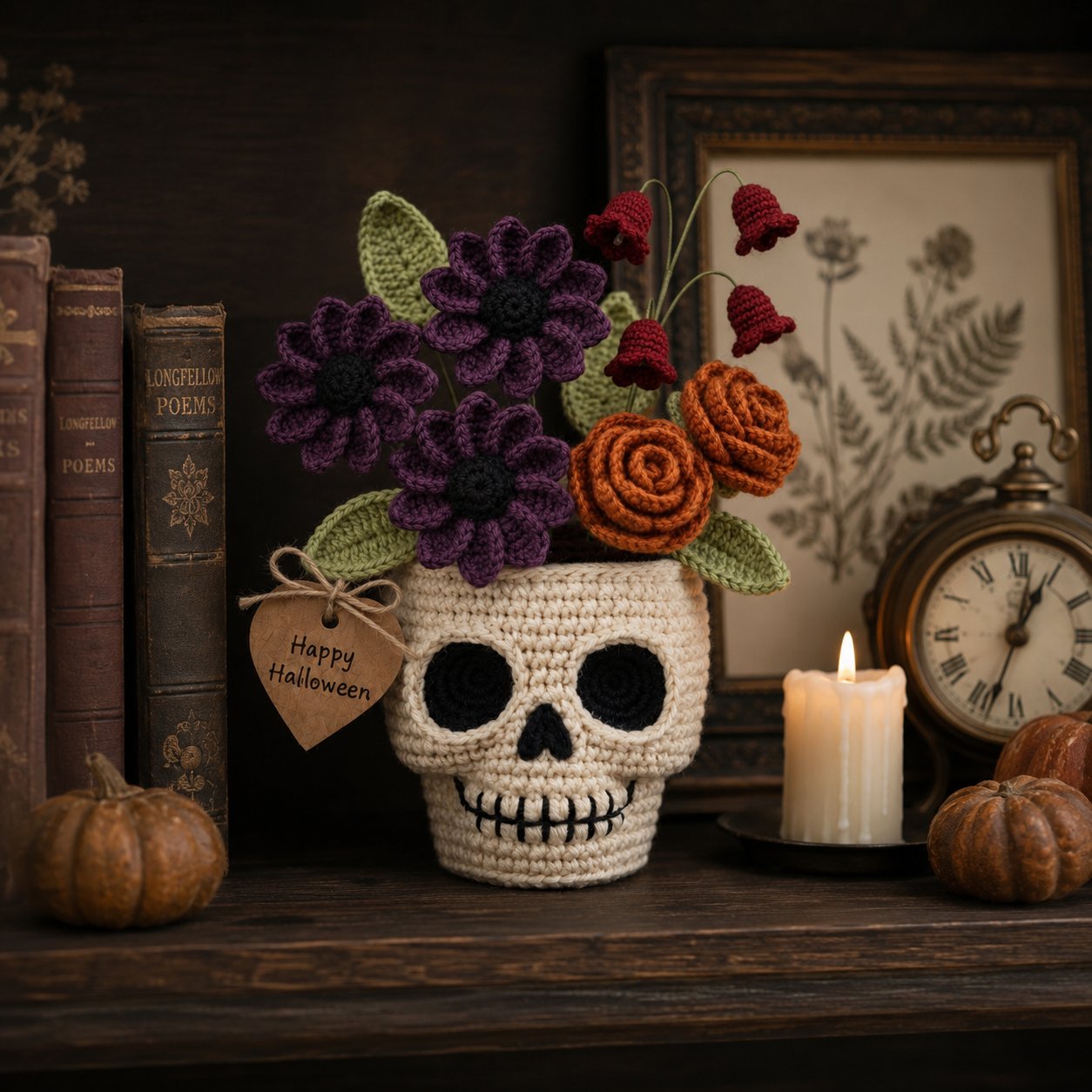Handmade Crochet Skull Flower Pot – Gothic Halloween Floral Decor & Gift
