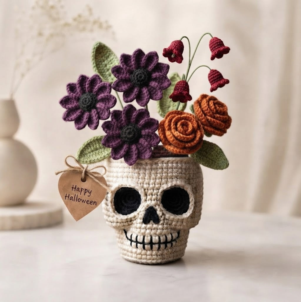 Handmade Crochet Skull Flower Pot – Gothic Halloween Floral Decor & Gift