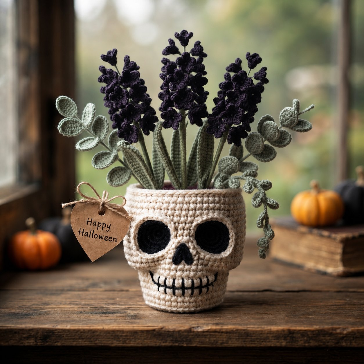Handmade Crochet Skull Lavender Pot – Gothic Halloween Floral Decor & Gift