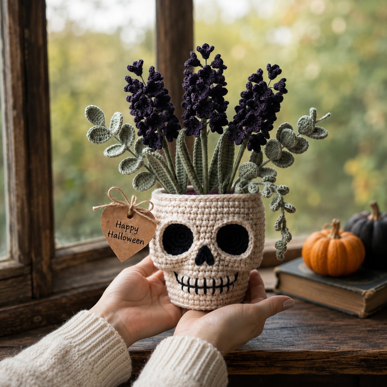Handmade Crochet Skull Lavender Pot – Gothic Halloween Floral Decor & Gift