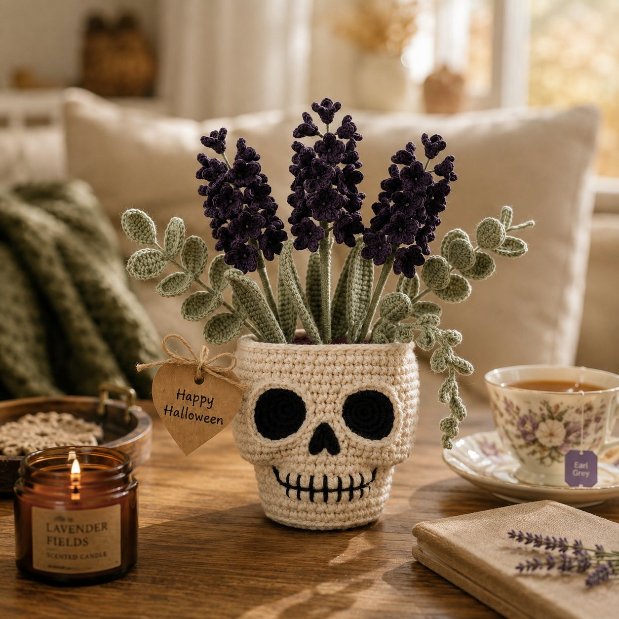 Handmade Crochet Skull Lavender Pot – Gothic Halloween Floral Decor & Gift