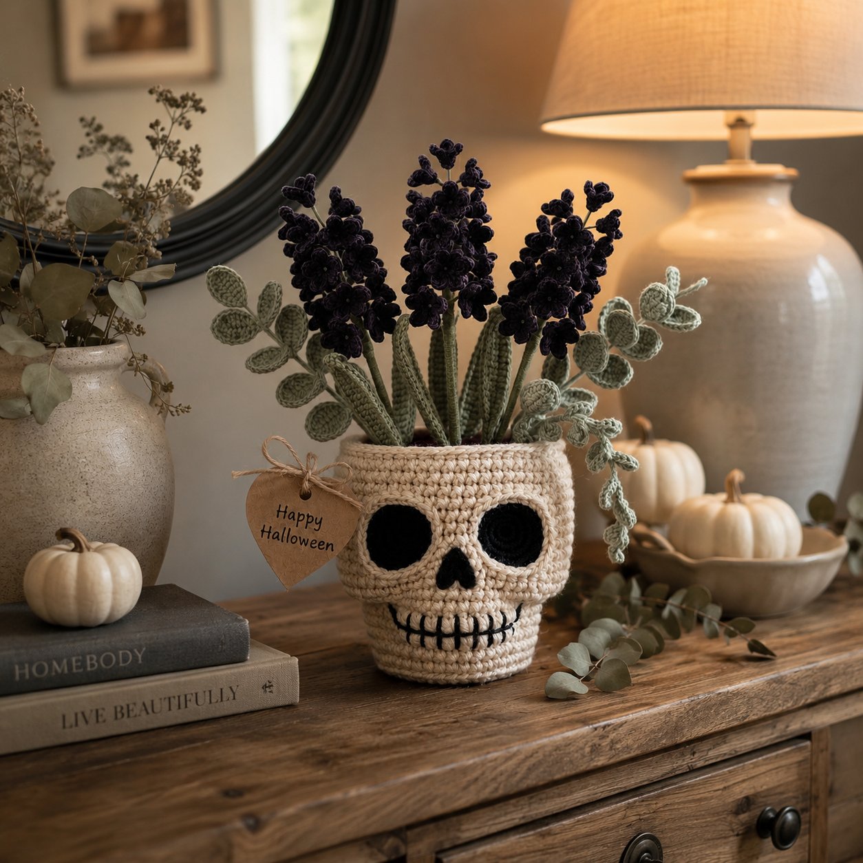 Handmade Crochet Skull Lavender Pot – Gothic Halloween Floral Decor & Gift